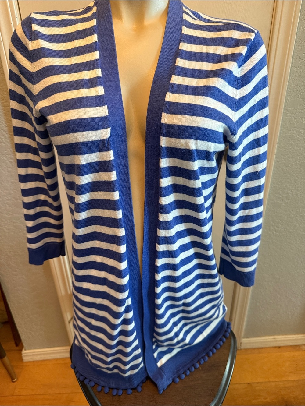 Talbots Navy and White Striped Open-Front Cardigan with Pom Pom Hem